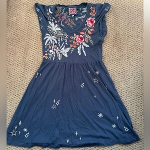 Johnny Was Blue Tiered Sundress with Flutter Sleeves